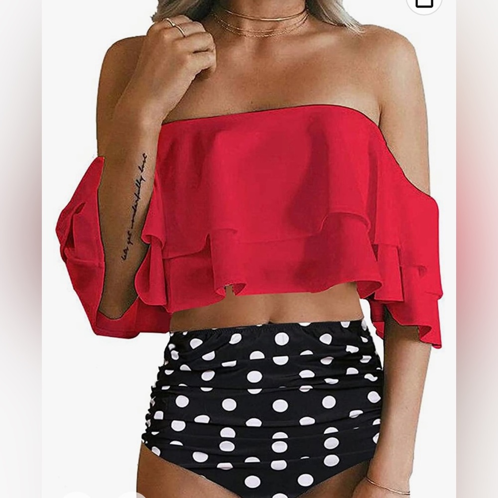 Two piece off shoulder bikini high waist red polka dots